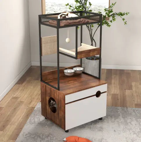 Cat Litter Enclosure with Tree Tower